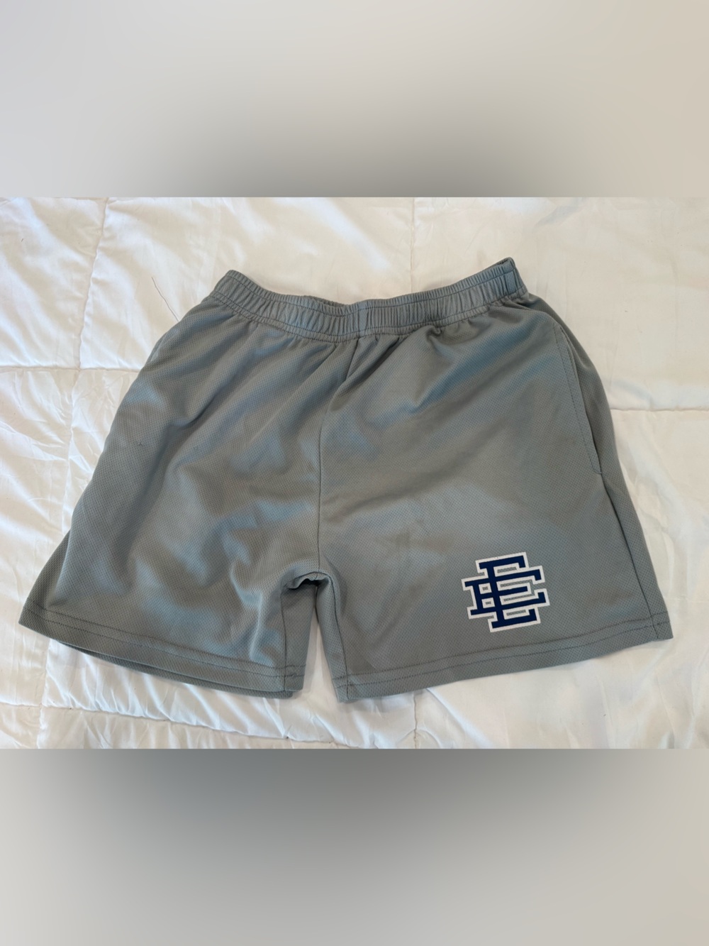 Eric Emanuel Gray Athletic Mesh Shorts with Navy Logo